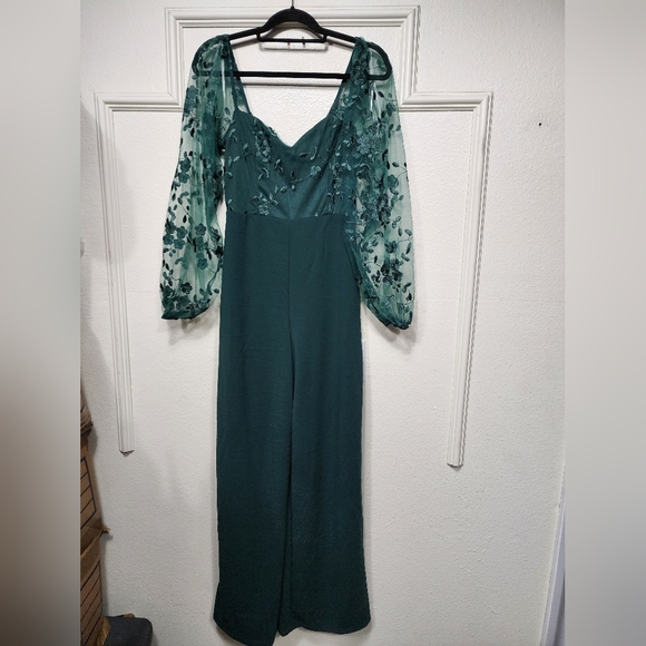Lulus Darling Charisma Emerald Mesh Embroidered Jumpsuit M Wedding Party Evening - Picture 6 of 10
